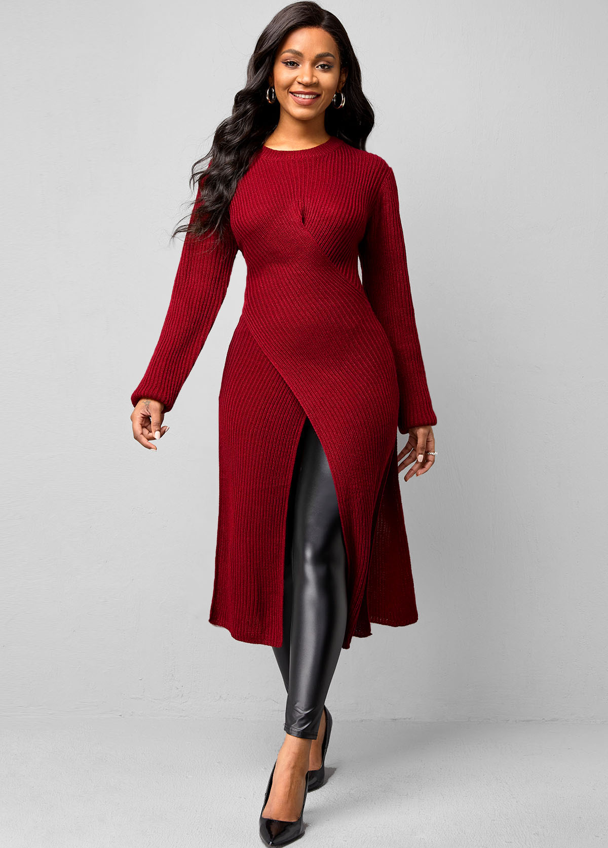 Cross Front Long Sleeve Wine Red Sweater