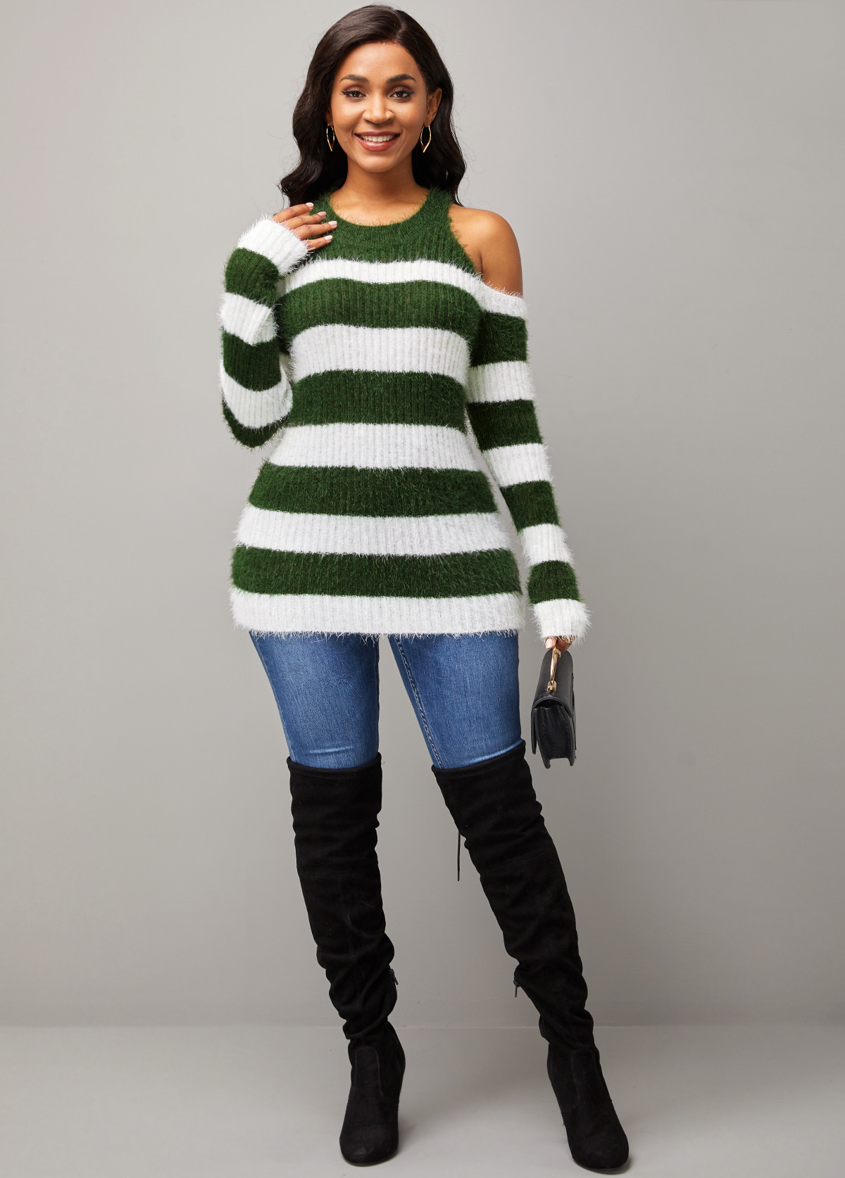 Stripe Print Cold Shoulder Long Sleeve Round Neck Sweater