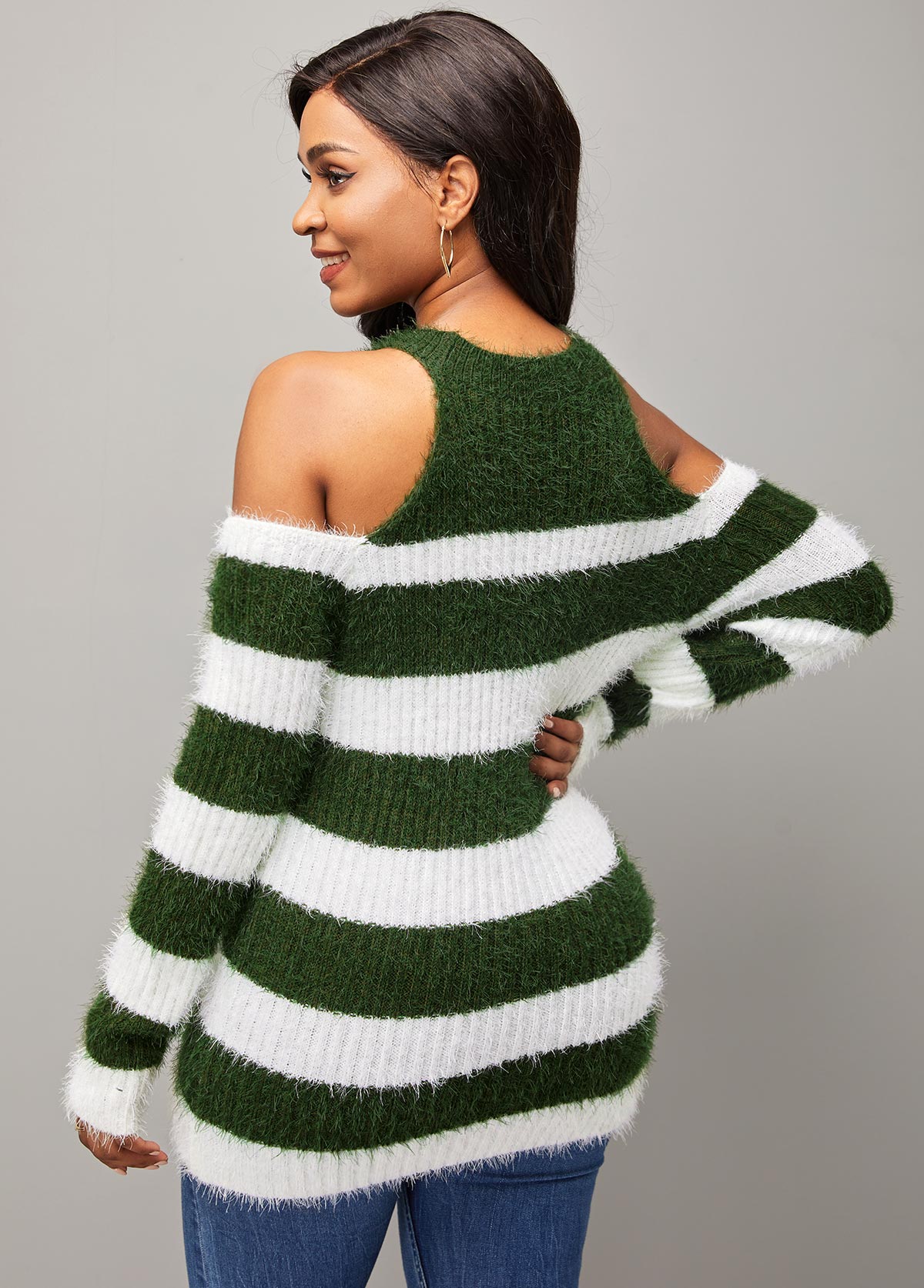Stripe Print Cold Shoulder Long Sleeve Round Neck Sweater