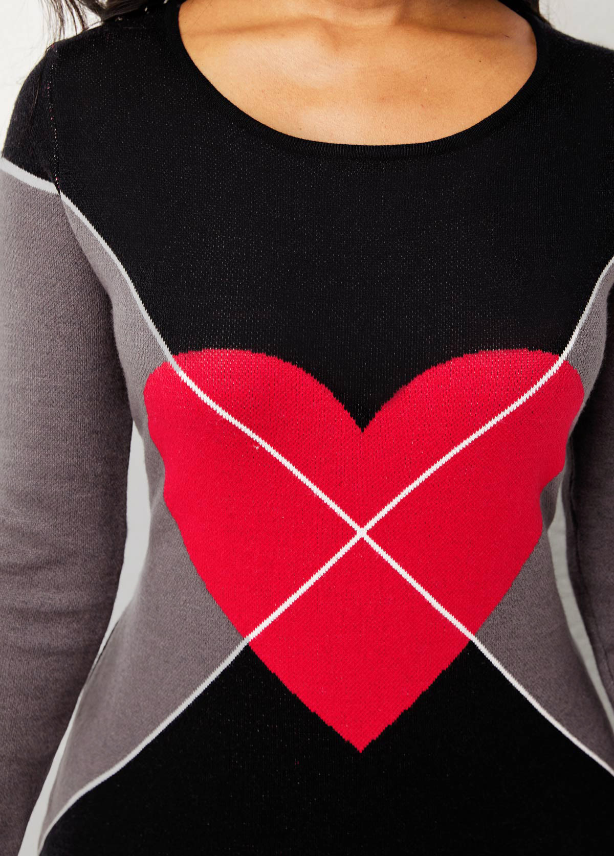 Heart Print Long Sleeve Black Sweater Dress