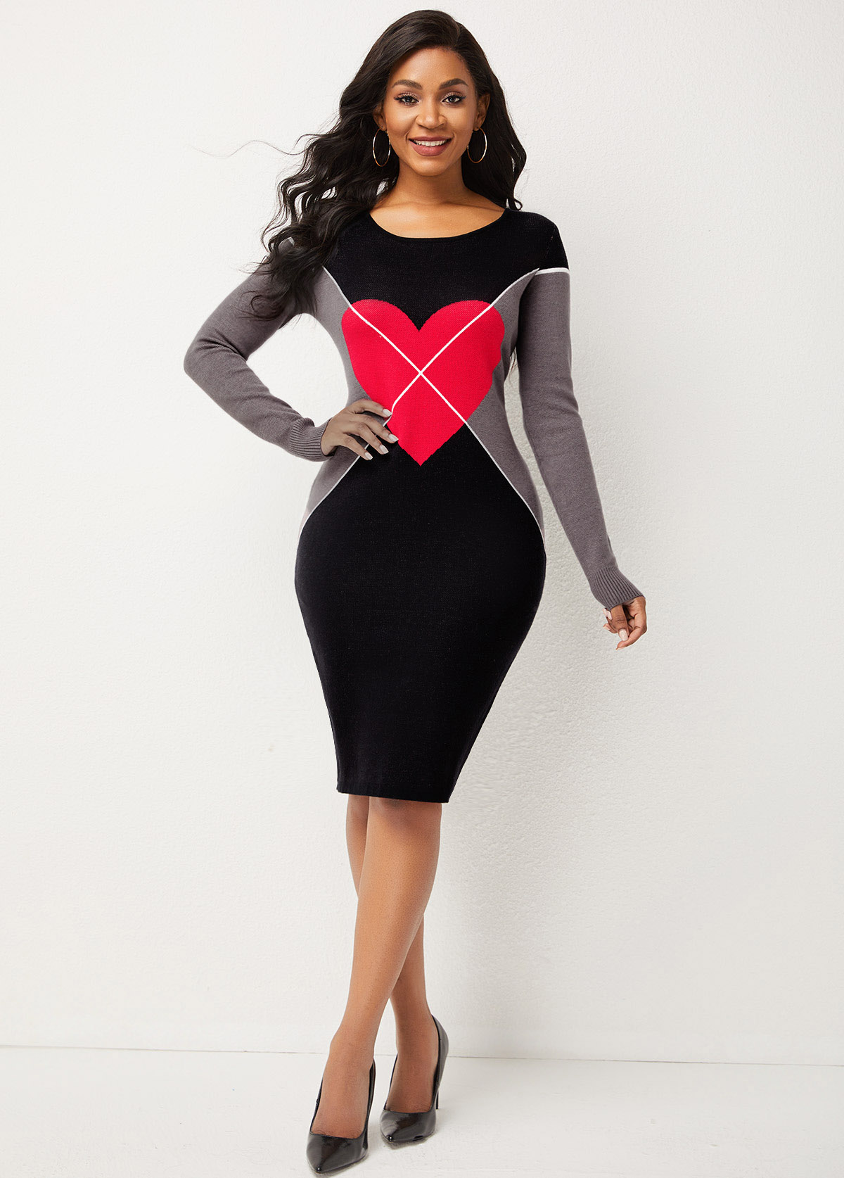 Heart Print Long Sleeve Black Sweater Dress