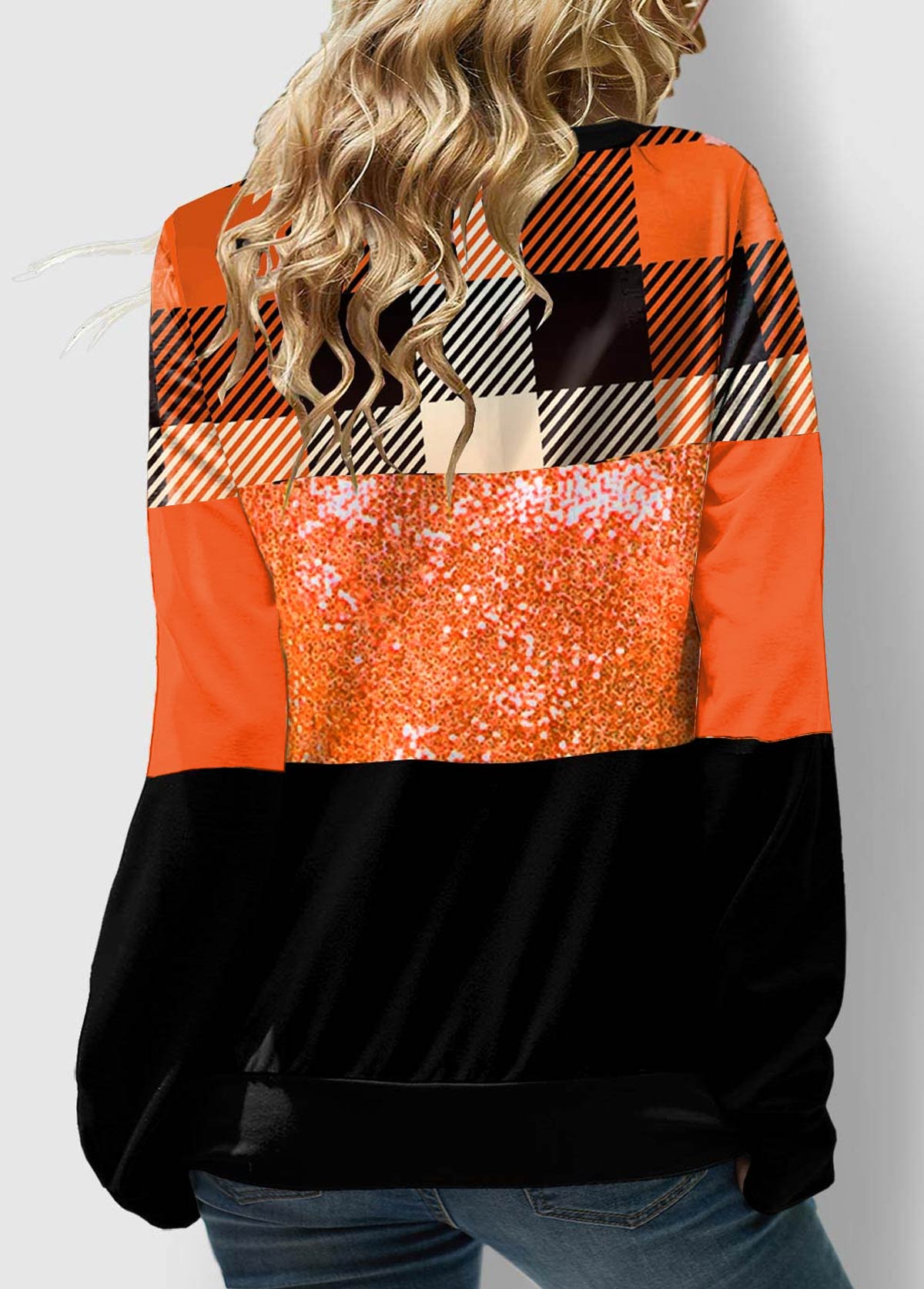 Sequin Plaid Orange Lace Up Sweatshirt