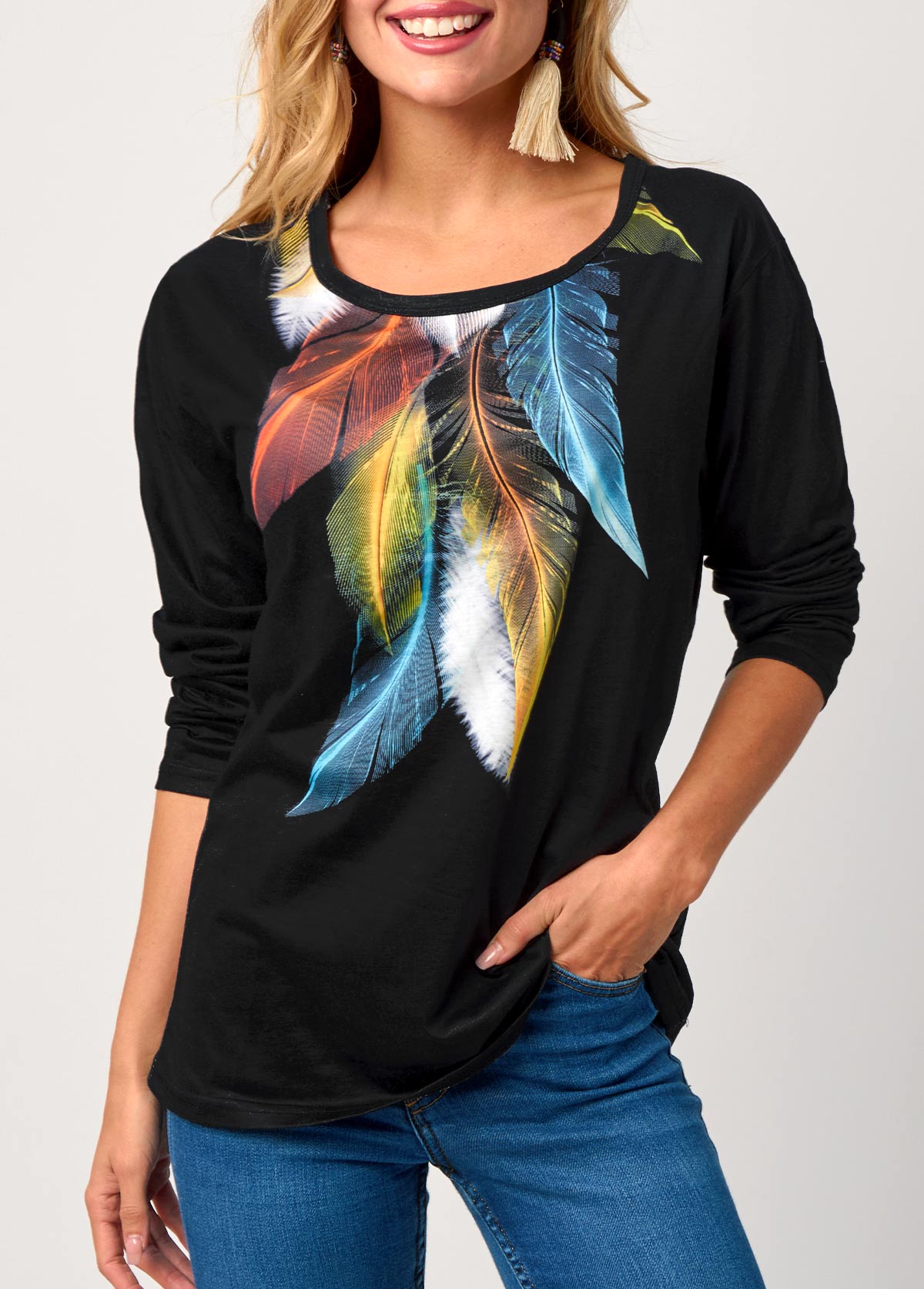 Rainbow Feathers Round Neck Black T Shirt