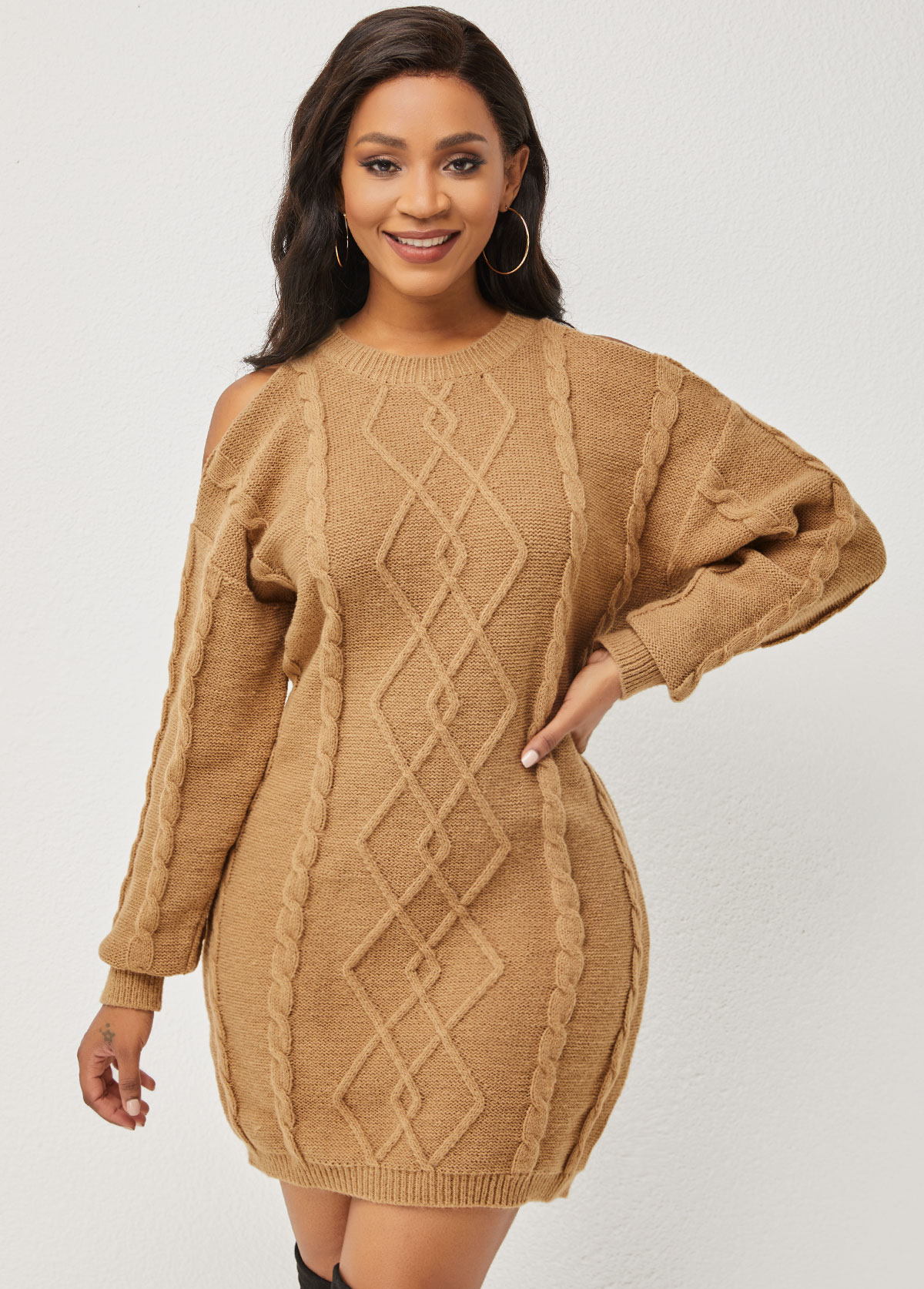 Cable Knit Cold Shoulder Light Khaki Sweater Dress