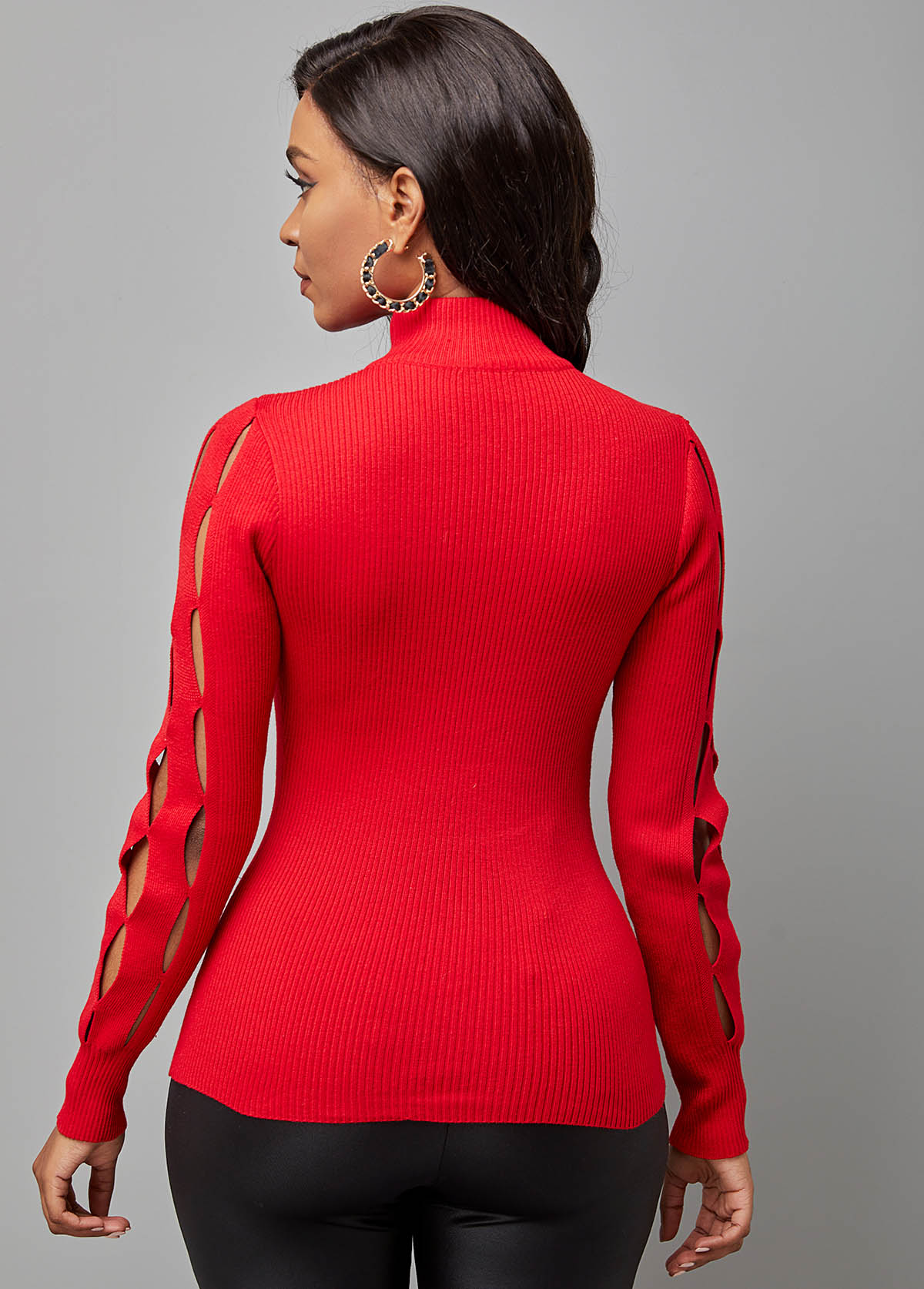 Red Long Sleeve Hollow Turtleneck Sweater