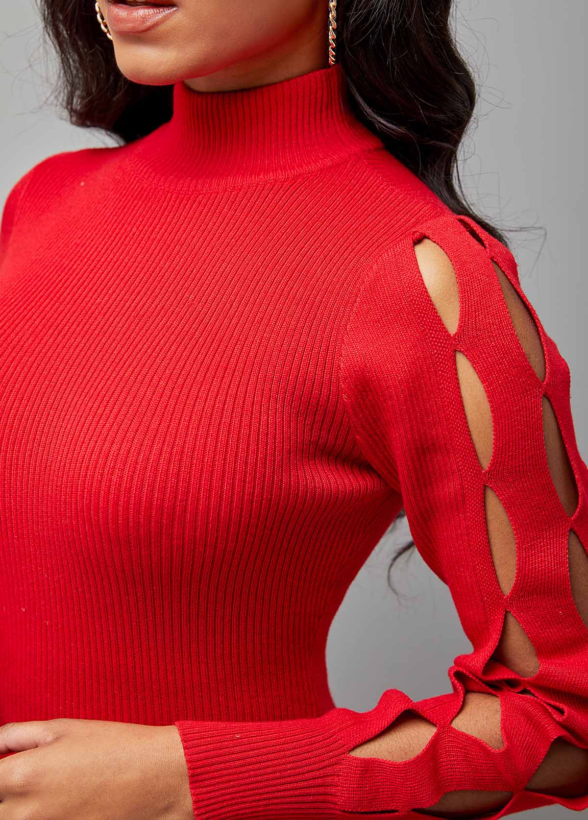 Red Long Sleeve Hollow Turtleneck Sweater