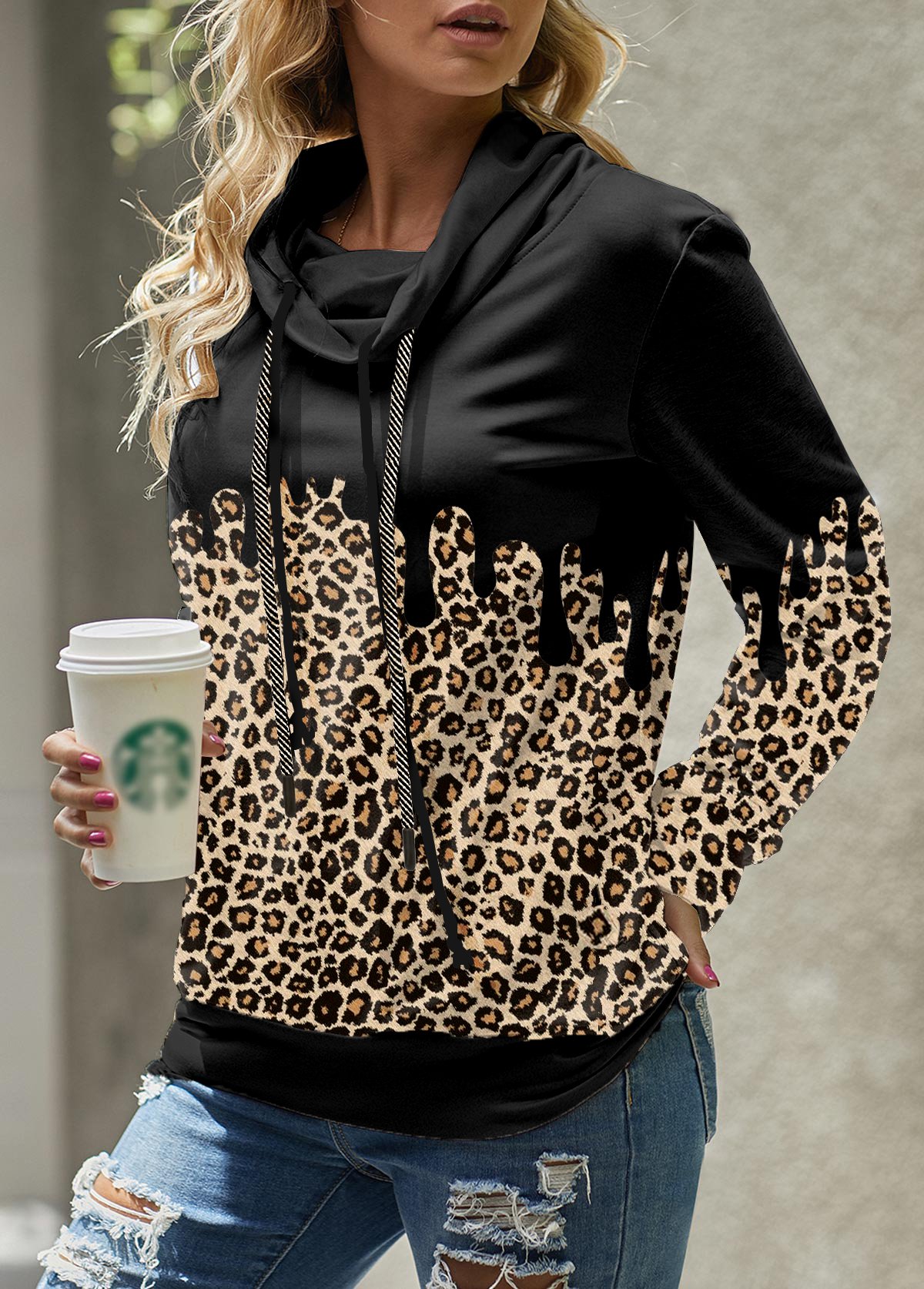 Long Sleeve Cowl Neck Leopard Sweatshirt