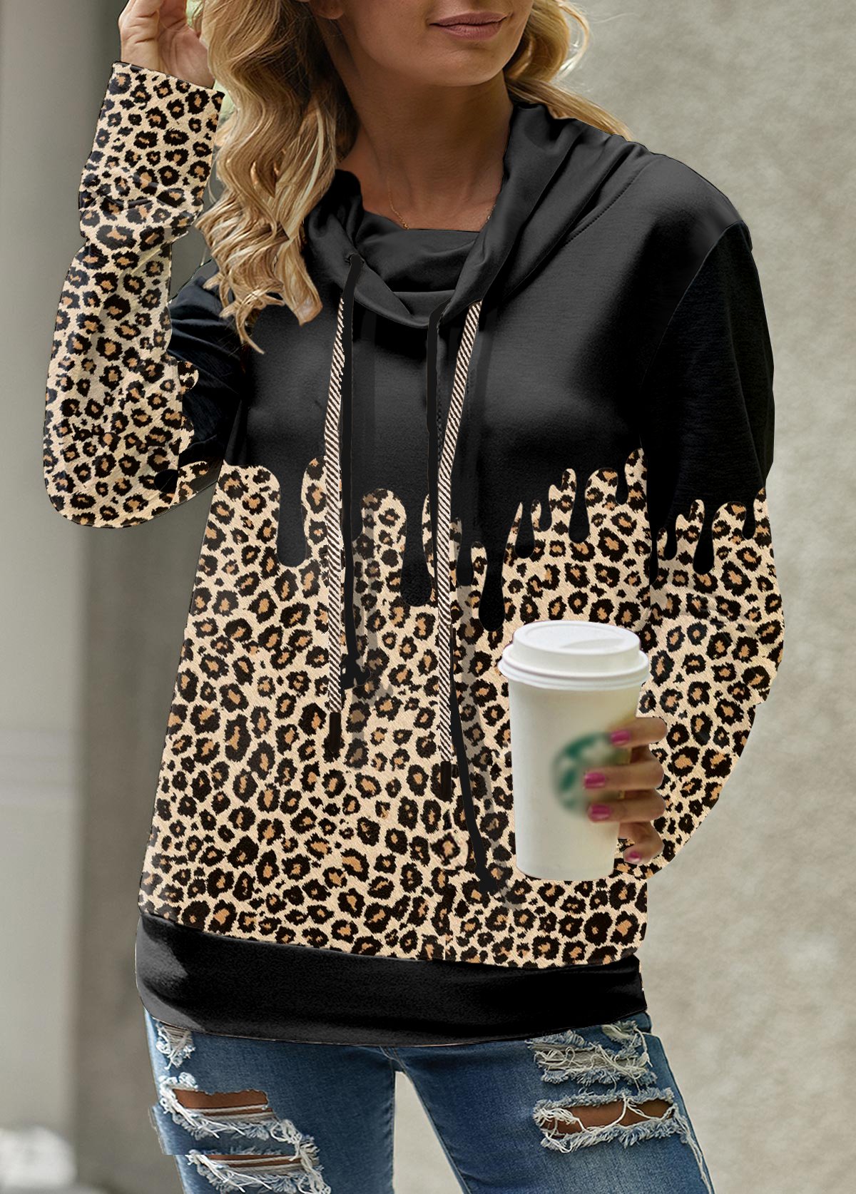Long Sleeve Cowl Neck Leopard Sweatshirt