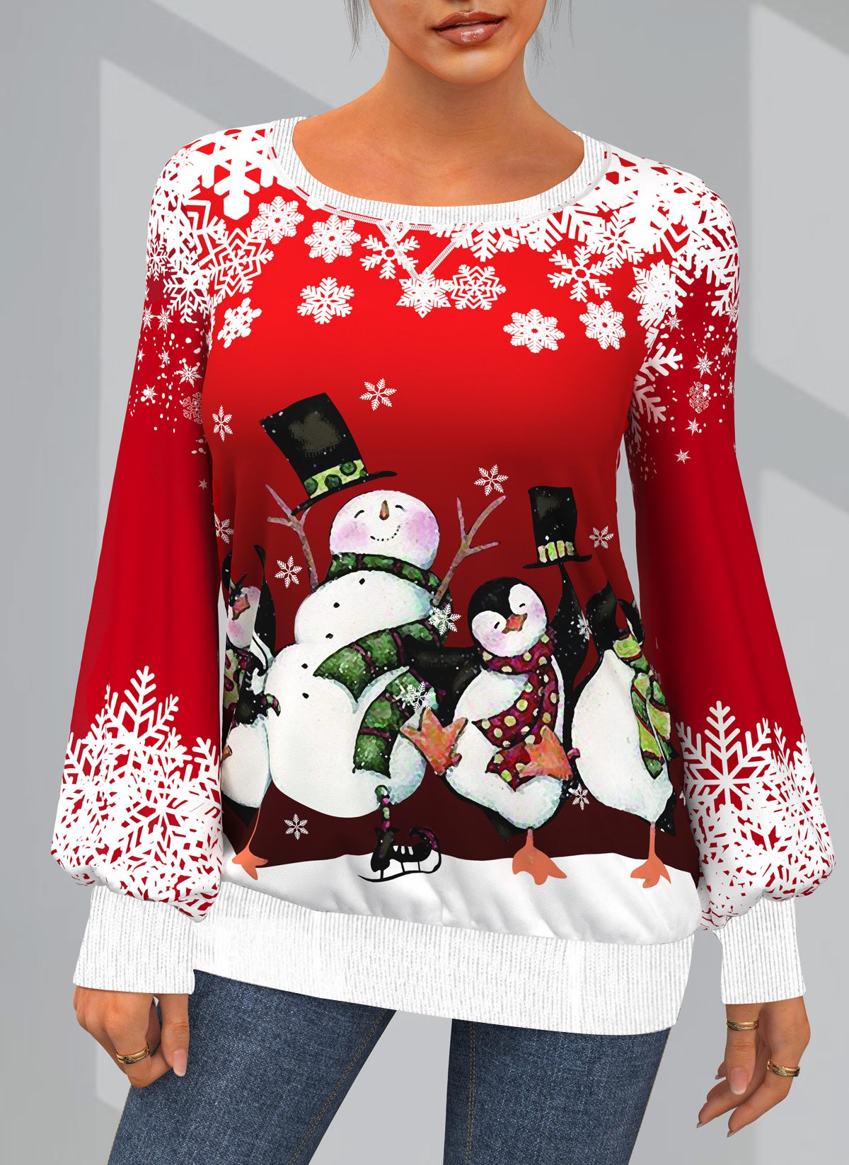 Long Sleeve Christmas Snowman Print Round Neck Sweatshirt