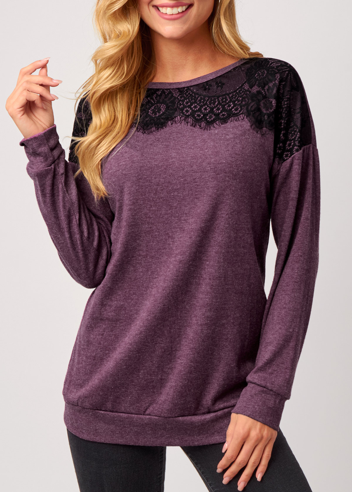 Lace Panel Long Sleeve Purple T Shirt