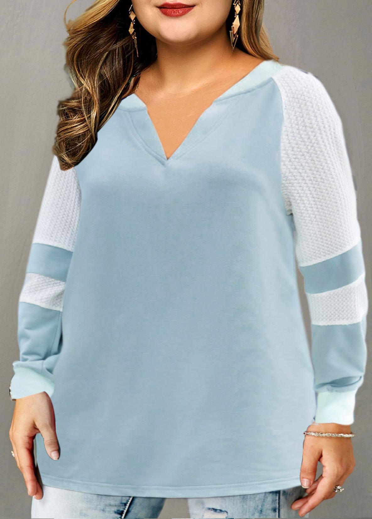 Plus Size Long Sleeve Split Neck Contrast Sweatshirt