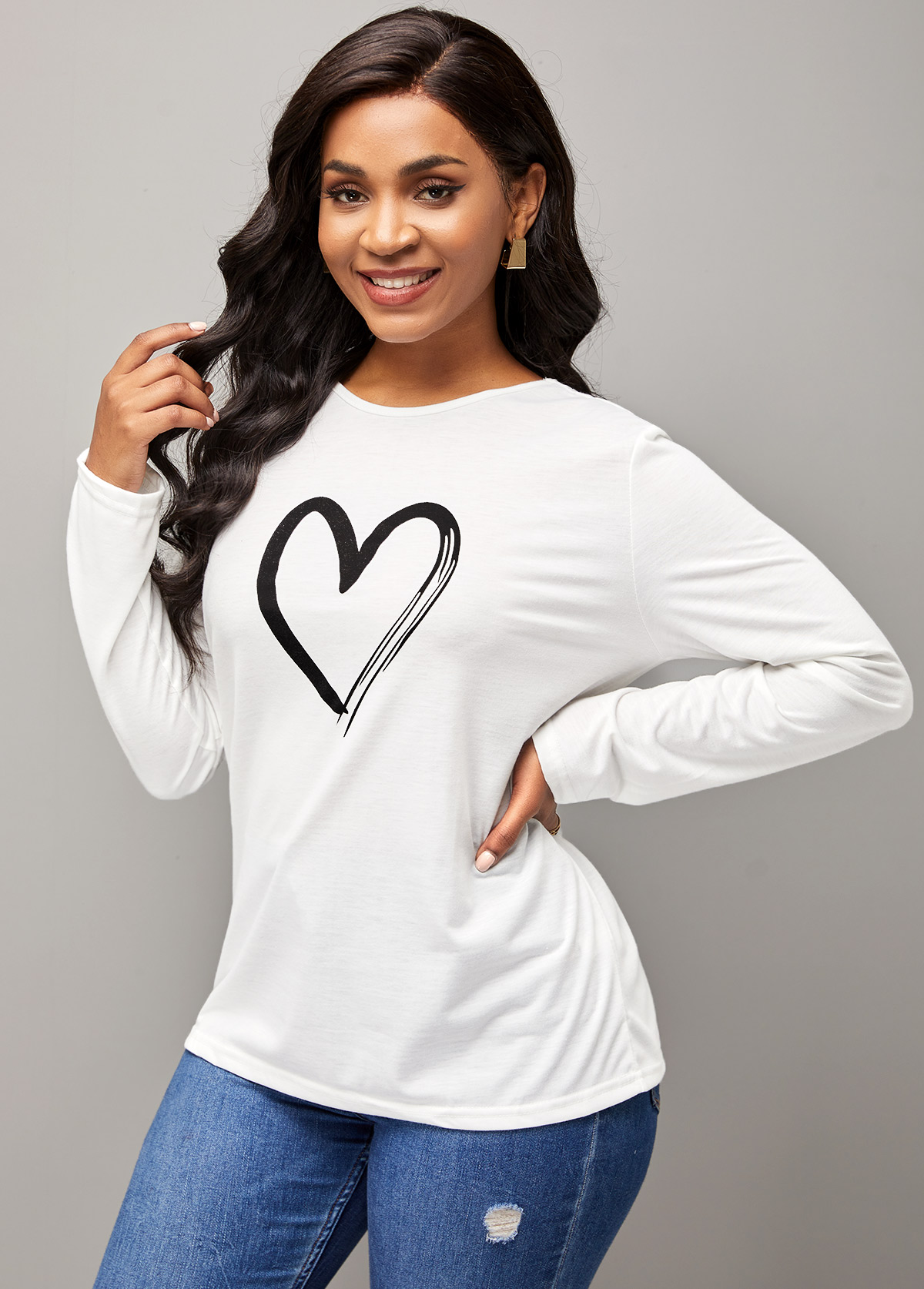 Long Sleeve Heart Print Round Neck T Shirt