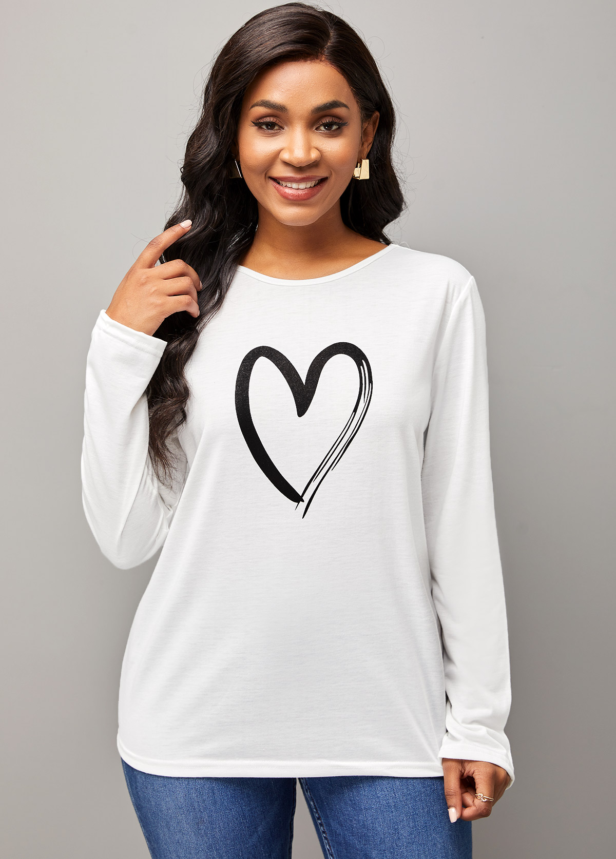 Long Sleeve Heart Print Round Neck T Shirt