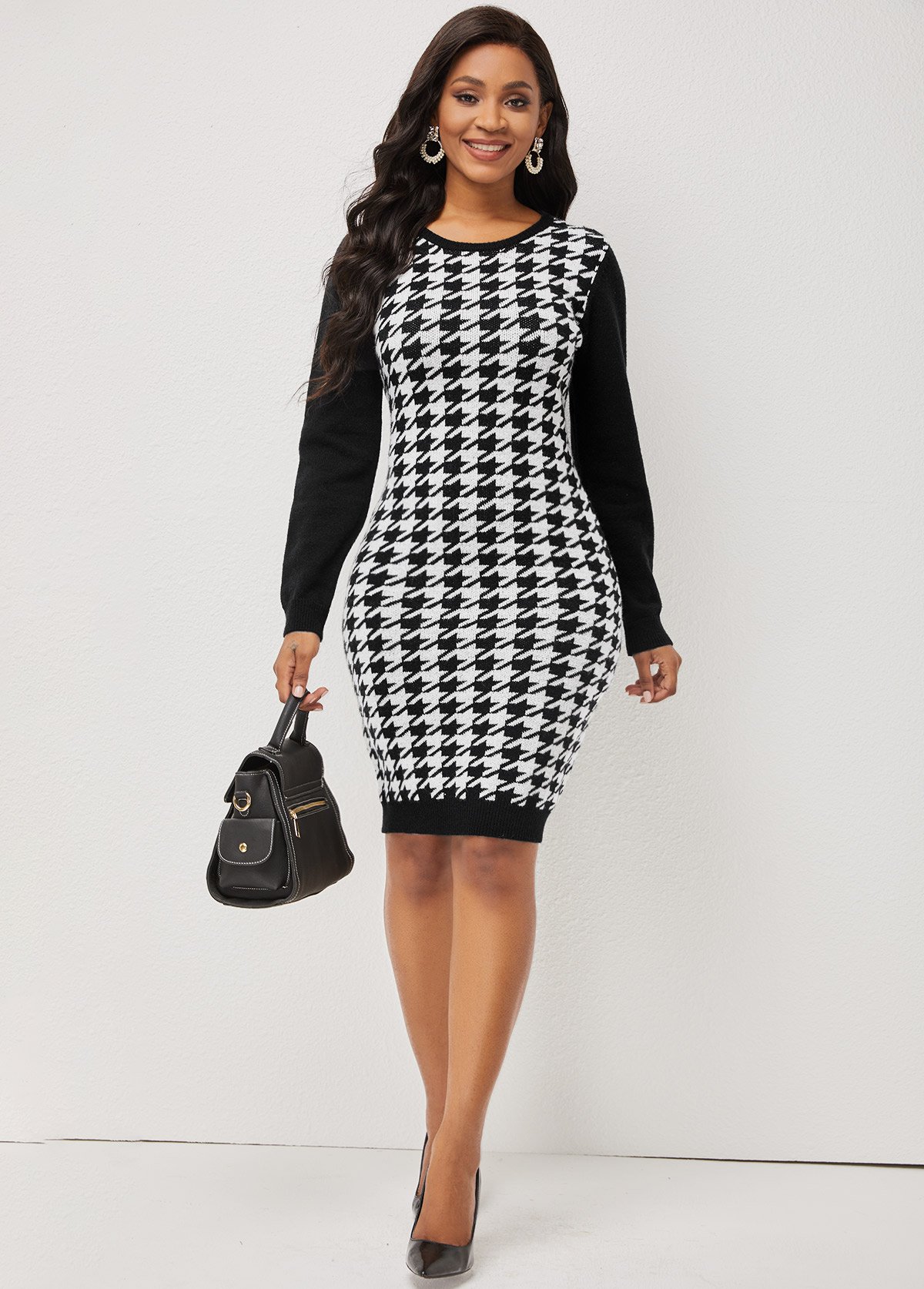 Color Block Houndstooth Print Long Sleeve Sweater Dress