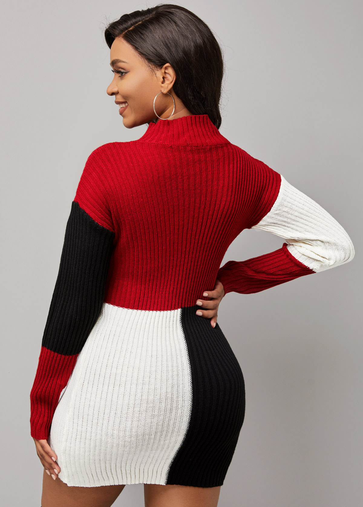 Long Sleeve Mock Neck Color Block Sweater Dress