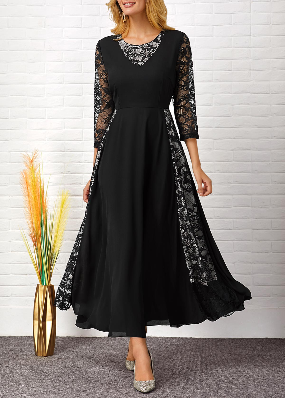 3/4 Sleeve Lace Patchwork Round Neck Dress