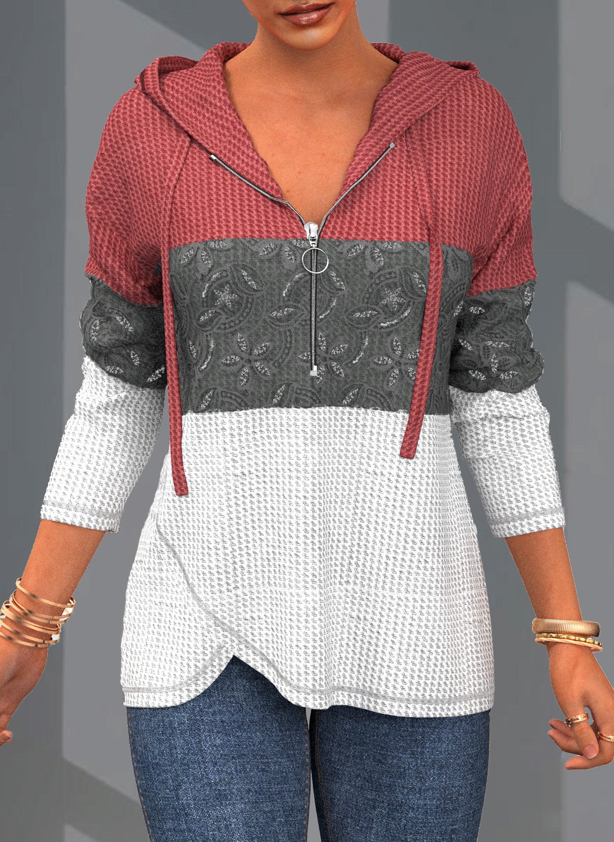 Plus Size Quarter Zip Drawstring Lace Stitching Hoodie