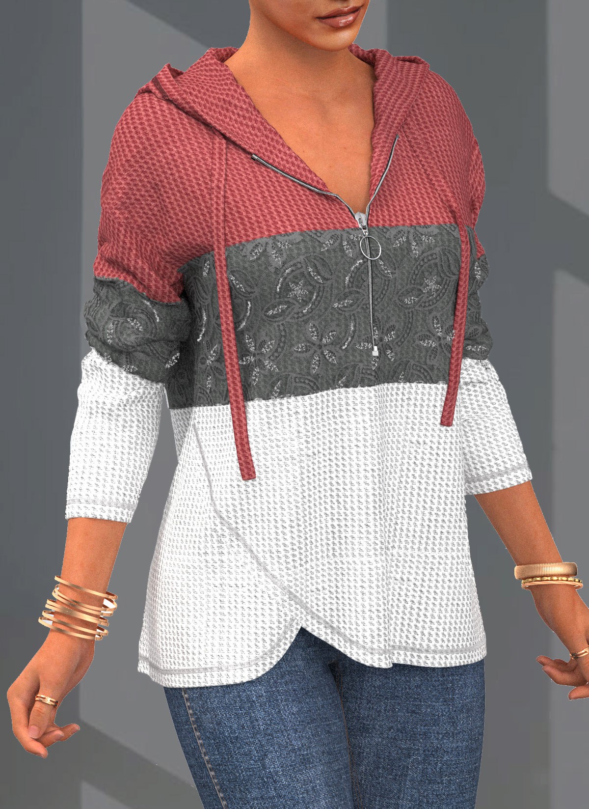 Contrast Lace Patchwork Long Sleeve Hoodie