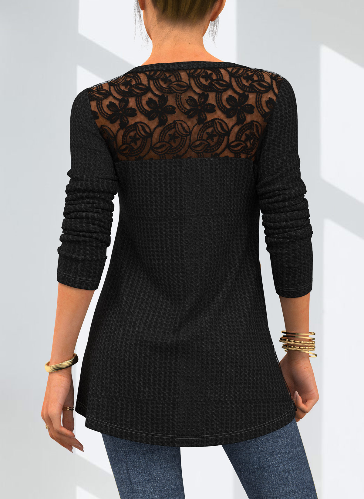 Lace Patchwork Round Neck Solid T Shirt
