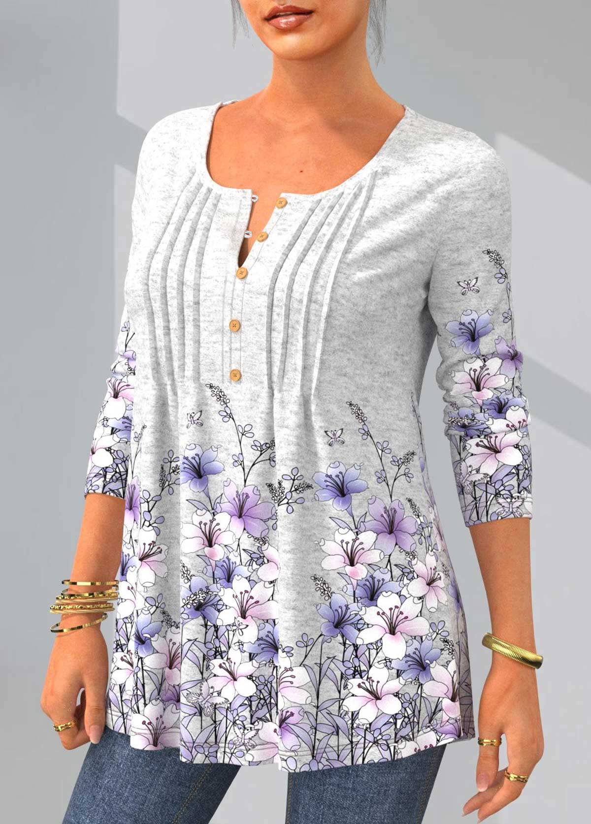 Crinkle Chest Floral Print Long Sleeve T Shirt