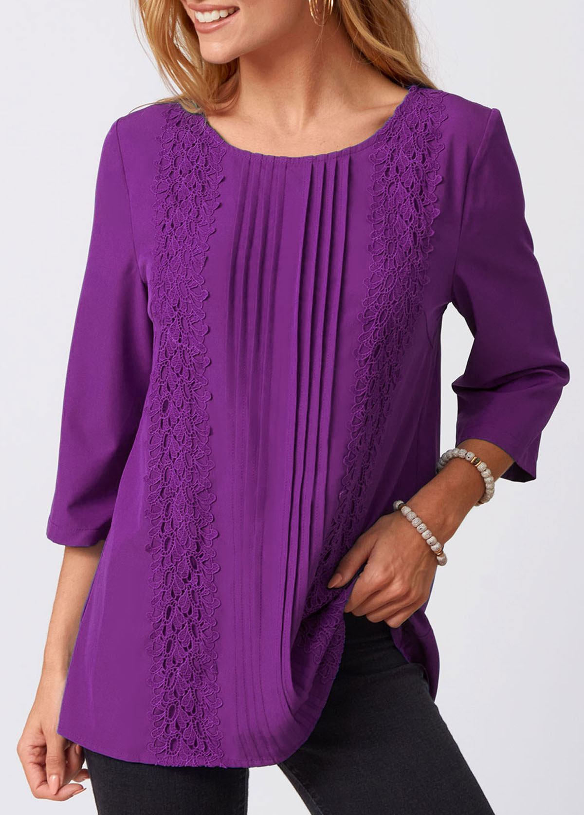 Solid Lace Stitching Crinkle Chest Round Neck Blouse