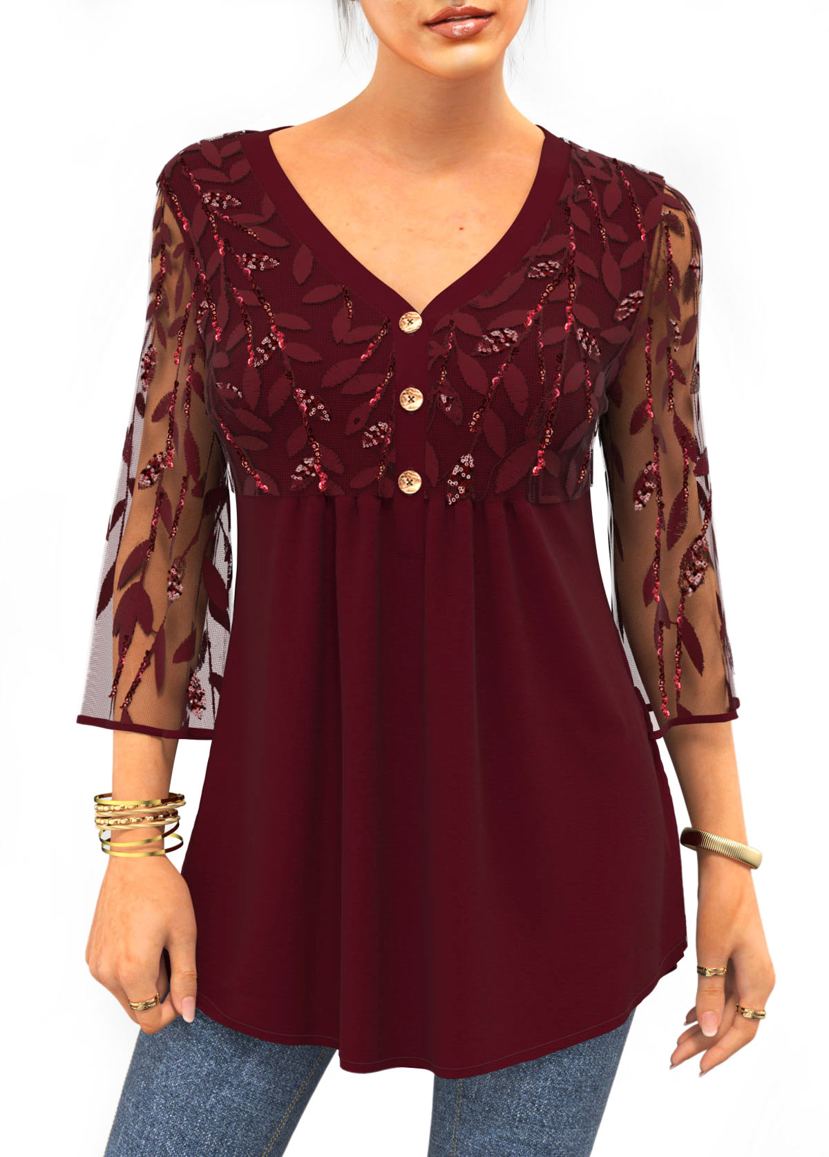 Lace Stitching Sequin Solid 3/4 Sleeve T Shirt