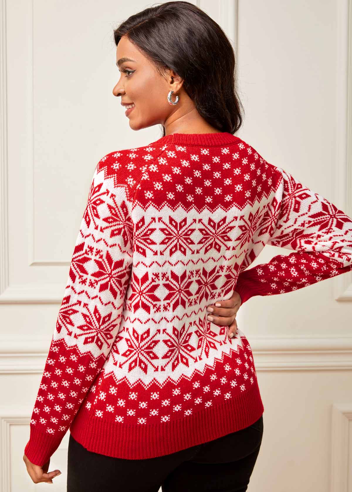 Christmas Elk Print Long Sleeve Color Block Sweater