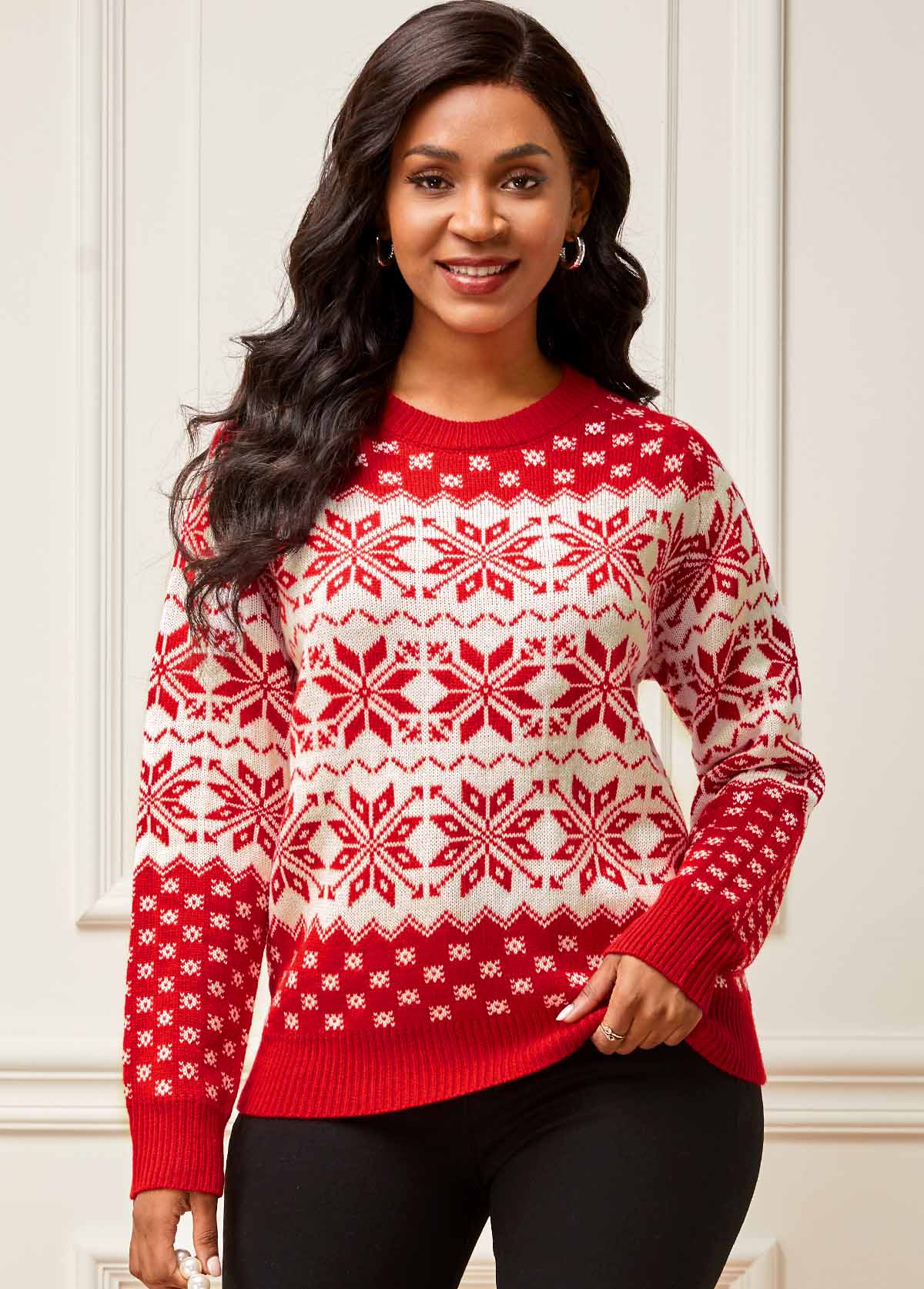 Christmas Elk Print Long Sleeve Color Block Sweater