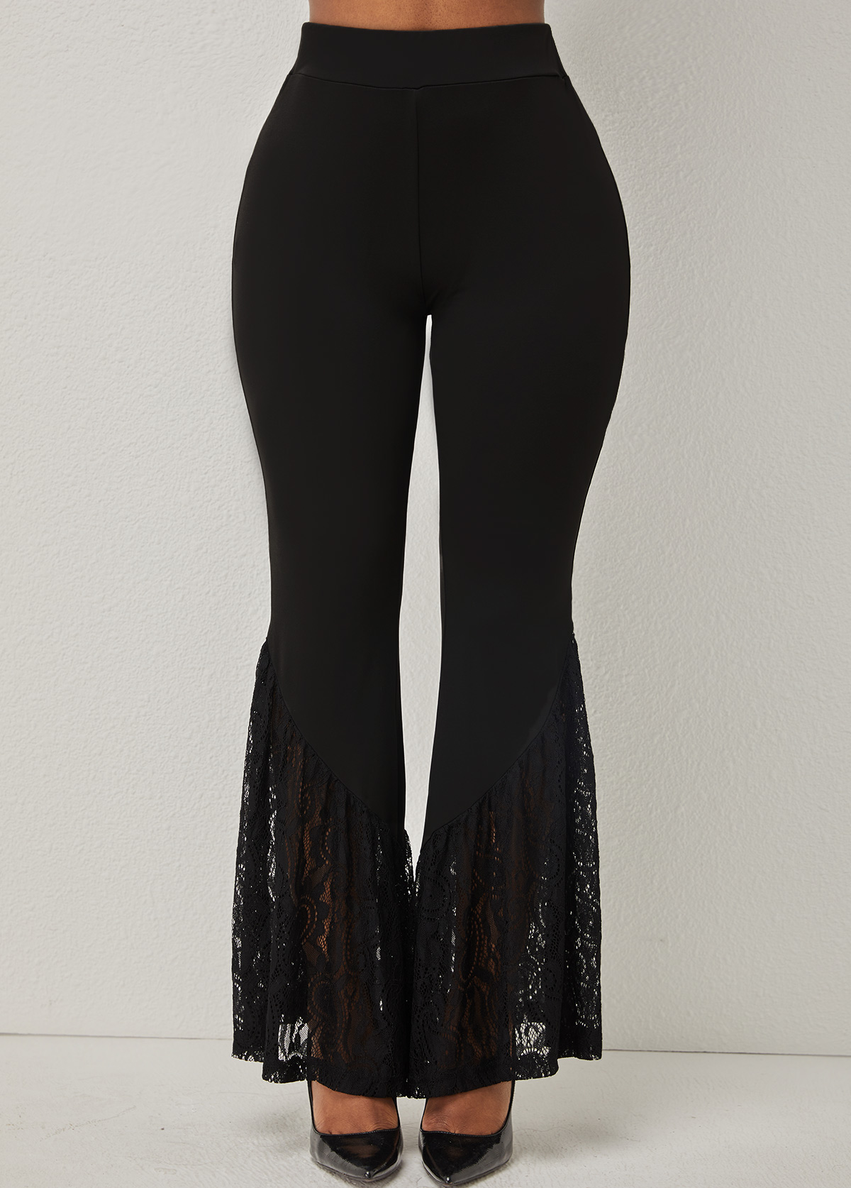 High Waisted Black Lace Stitching Flare Pants