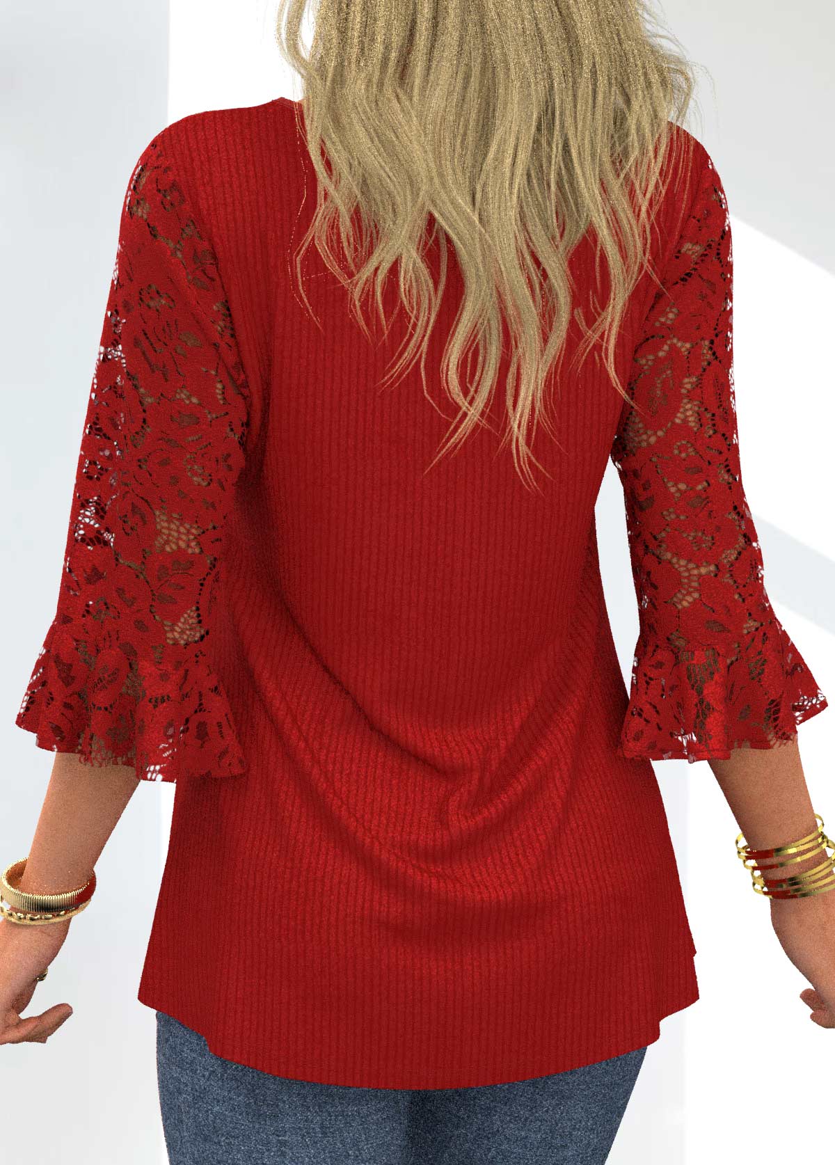 Round Neck Lace Stitching Flare Cuff T Shirt