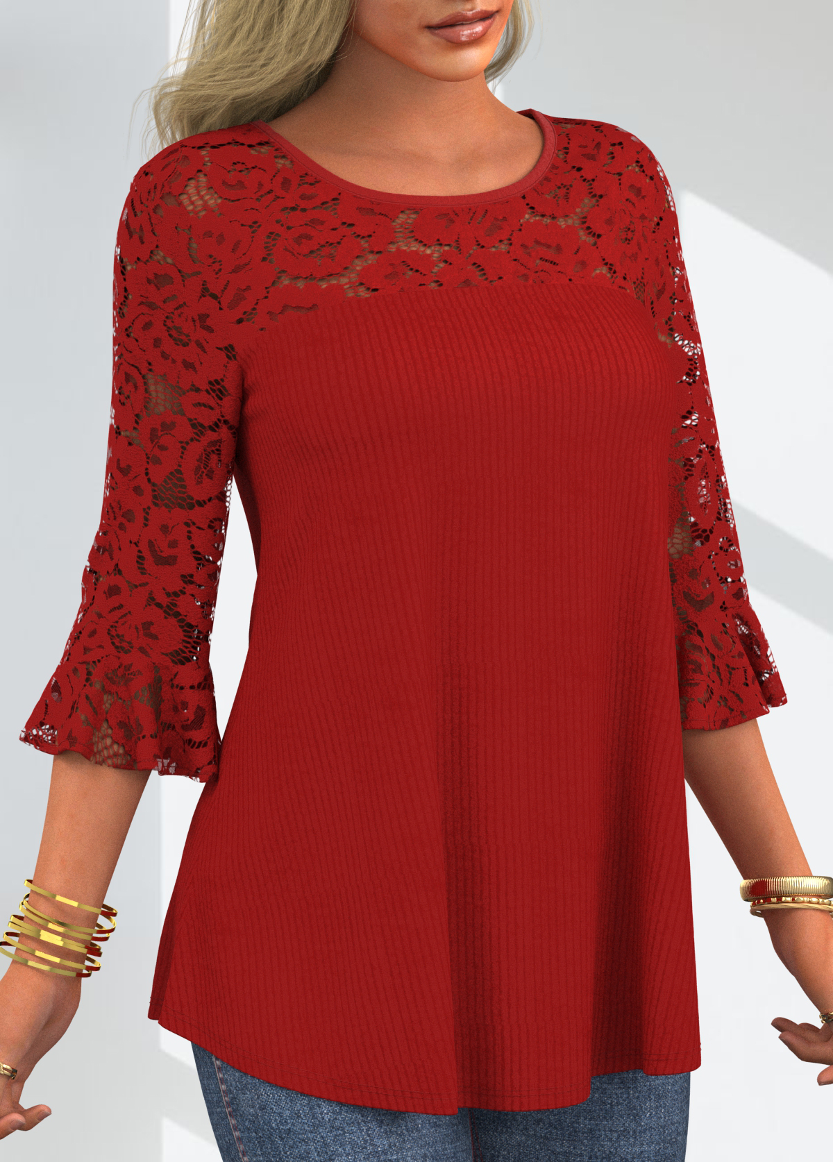 Round Neck Lace Stitching Flare Cuff T Shirt