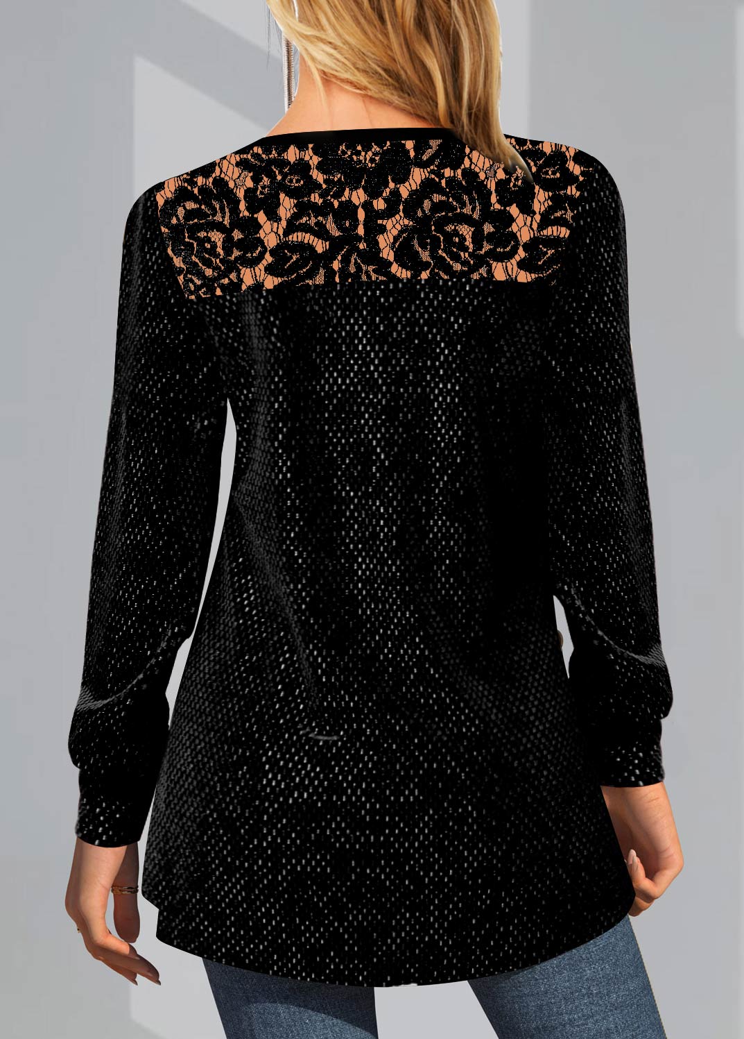 Solid Lace Patchwork Long Sleeve Round Neck Sweatshirt
