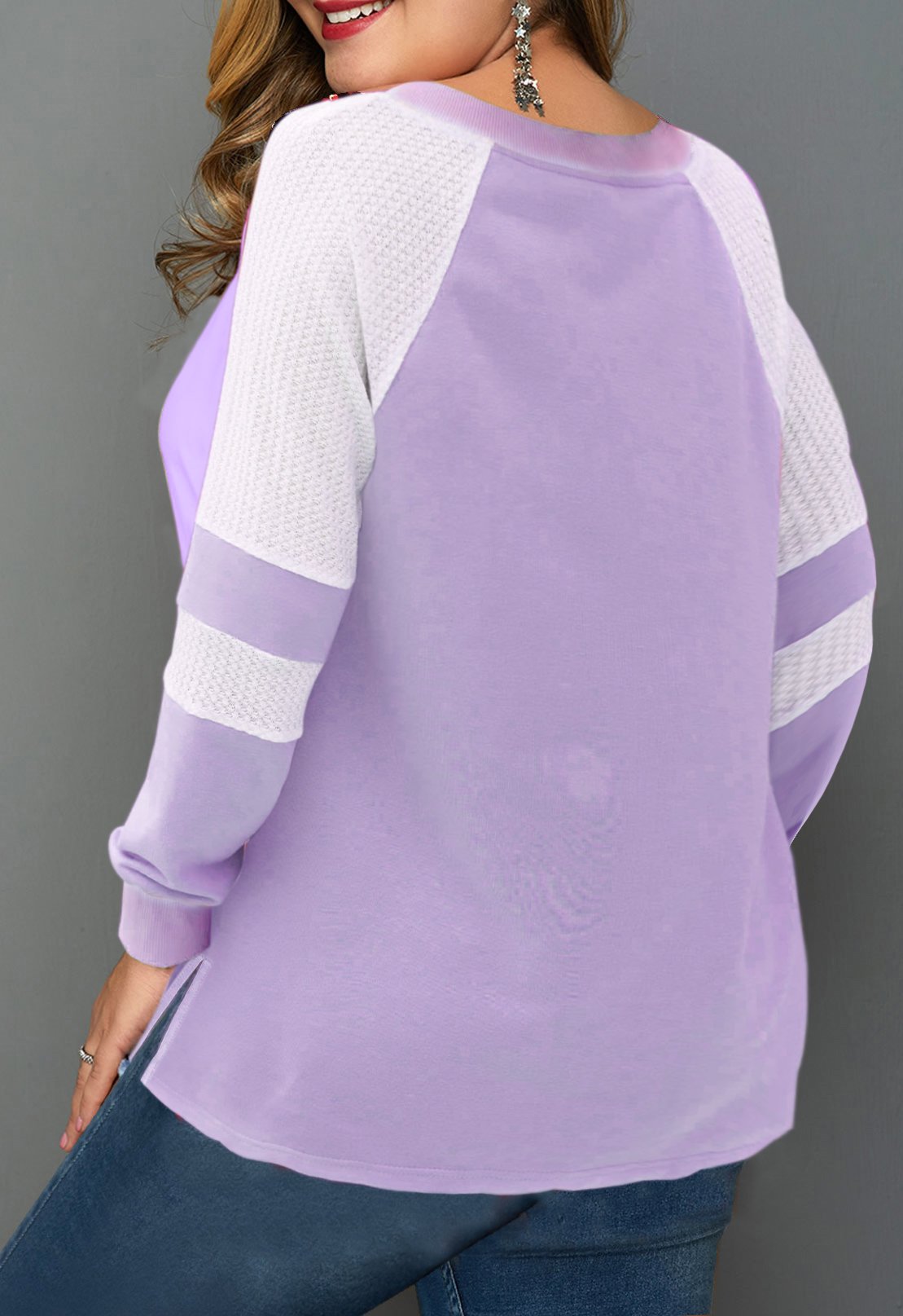 Plus Size Long Sleeve Split Neck Contrast Sweatshirt