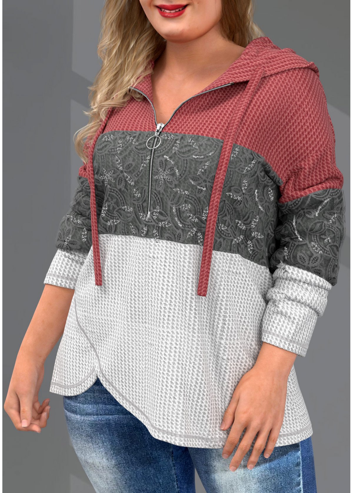 Plus Size Quarter Zip Drawstring Lace Stitching Hoodie