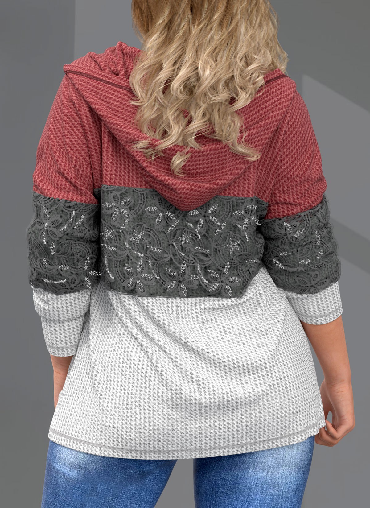 Plus Size Quarter Zip Drawstring Lace Stitching Hoodie