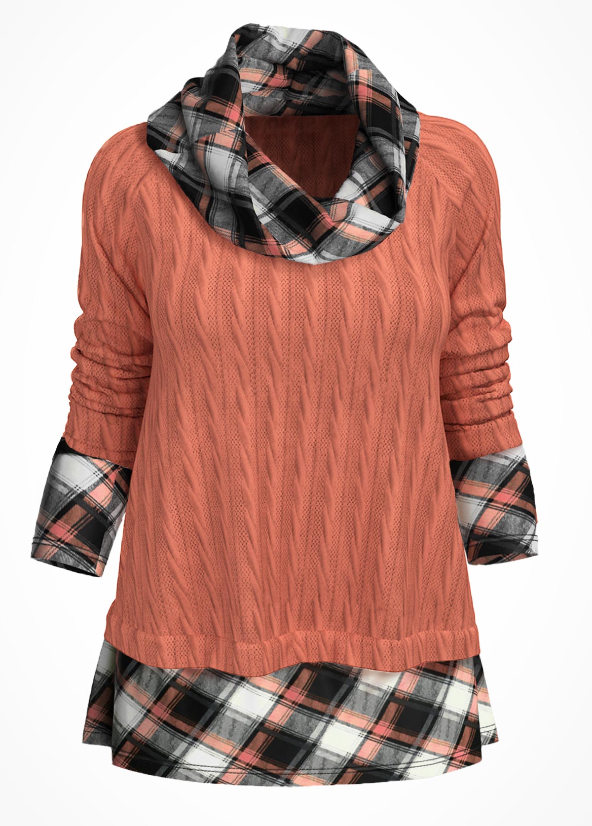 Plaid Fabric Splicing Long Sleeve Cowl Neck Sweater