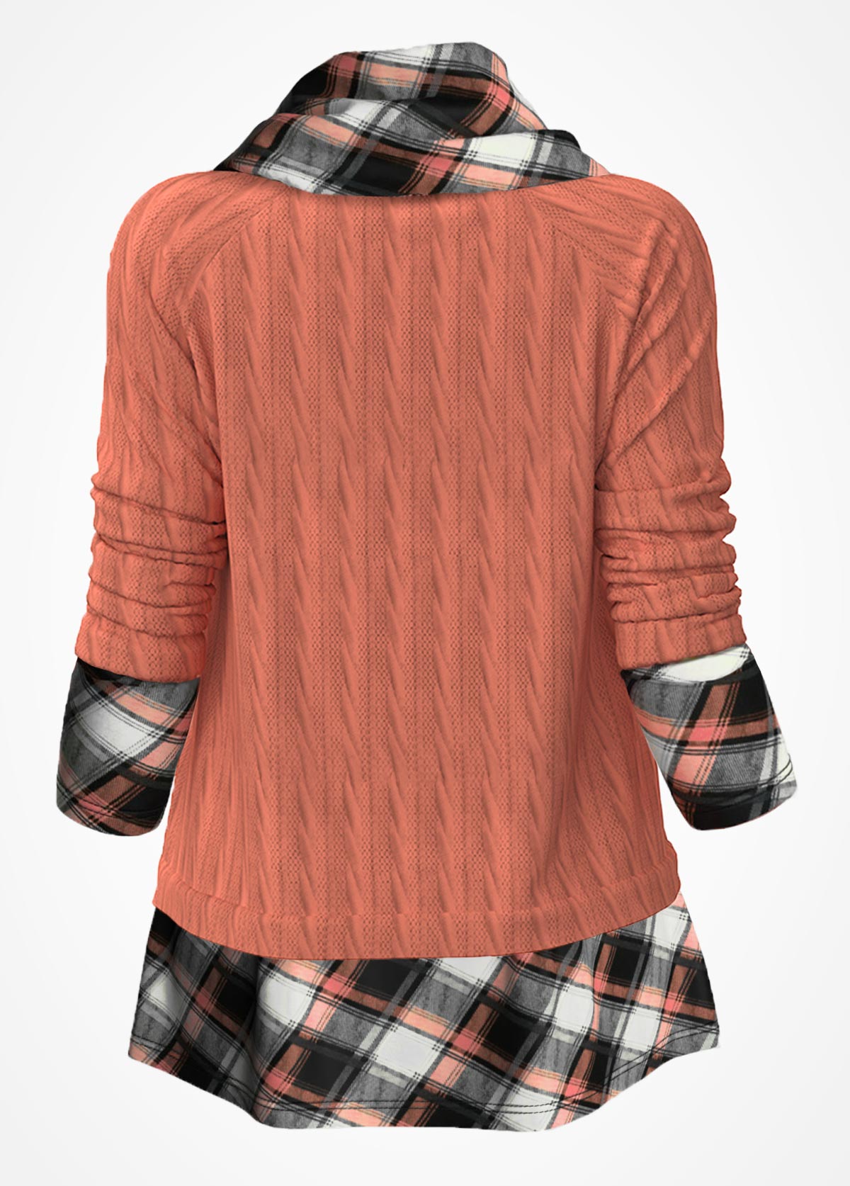 Plaid Fabric Splicing Long Sleeve Cowl Neck Sweater