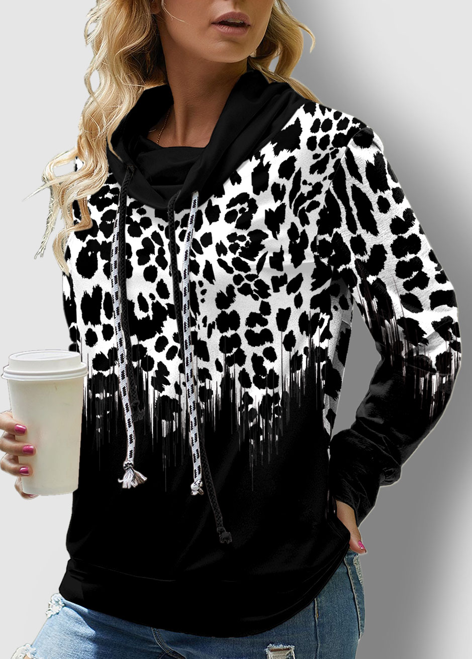 Drawstring Detail Leopard Long Sleeve Sweatshirt