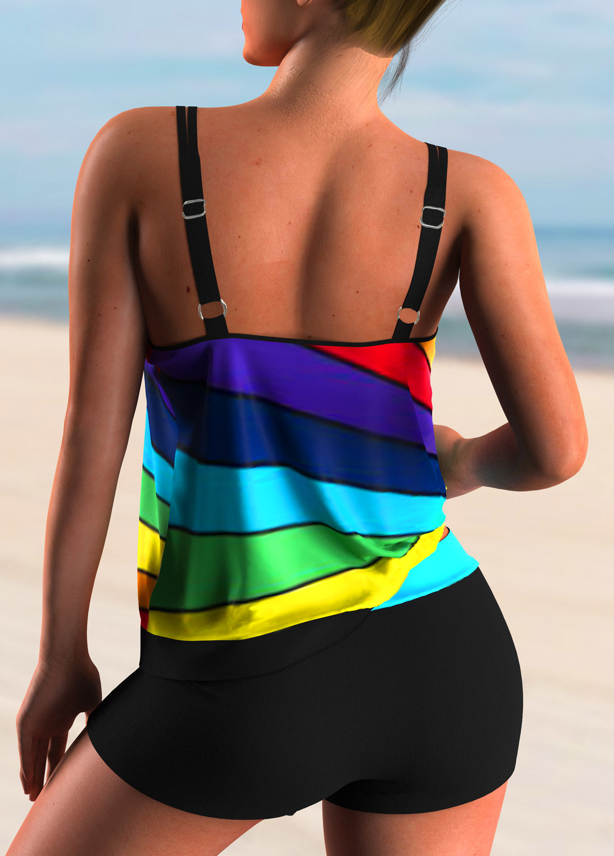 Stripe Print Mid Waist Rainbow Color Tankini Set