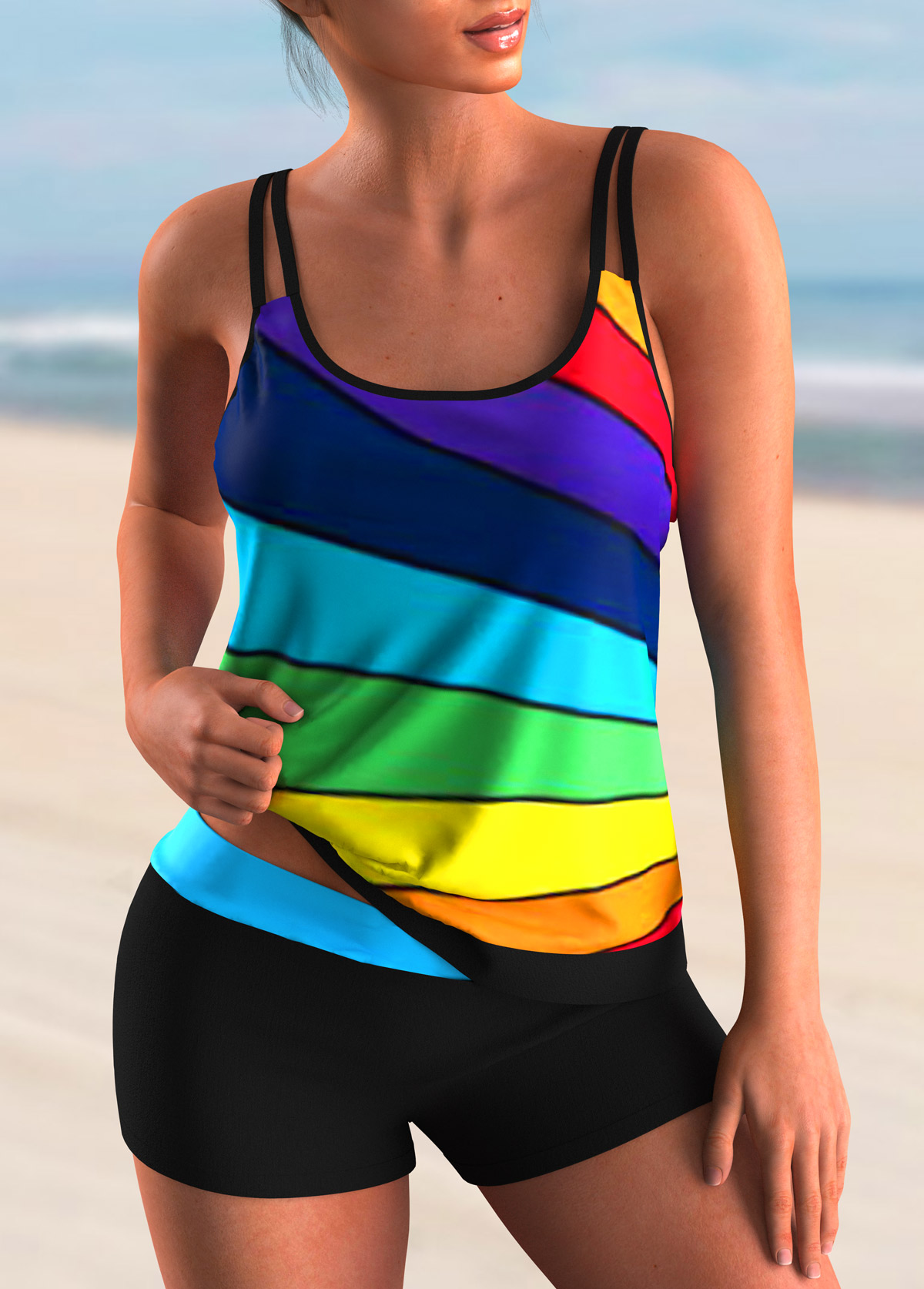 Stripe Print Mid Waist Rainbow Color Tankini Set