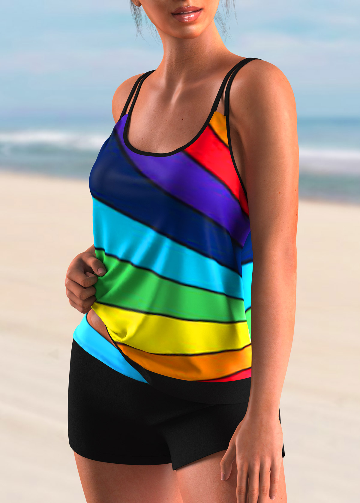 Stripe Print Mid Waist Rainbow Color Tankini Set