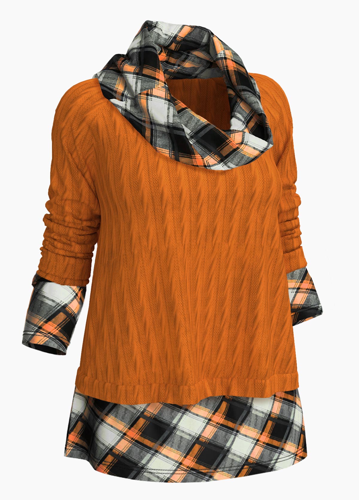 Cowl Neck Twisted Pattern Plaid Sweater
