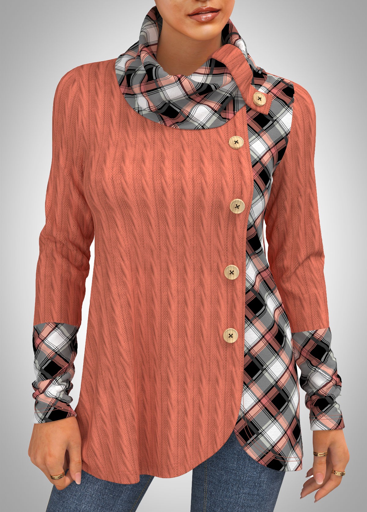Cowl Neck Twisted Pattern Plaid Sweatshirt