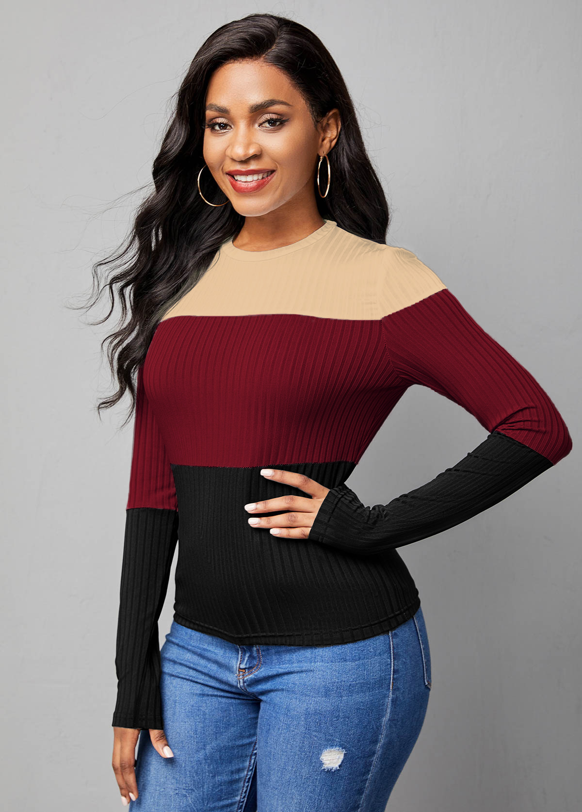 Round Neck Long Sleeve Wine Red T Shirt