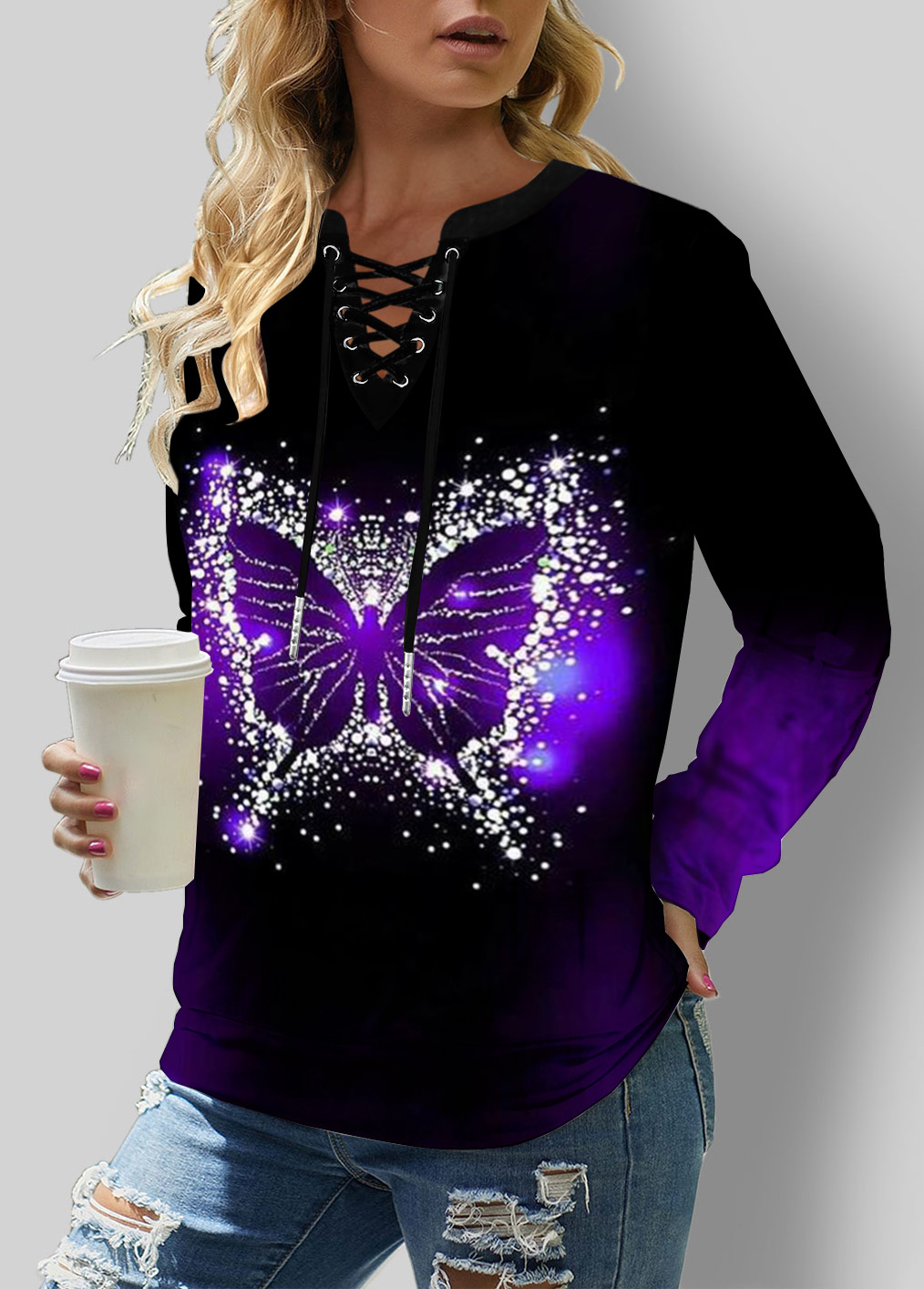 Purple Butterfly Print Lace Up Split Neck Sweatshirt