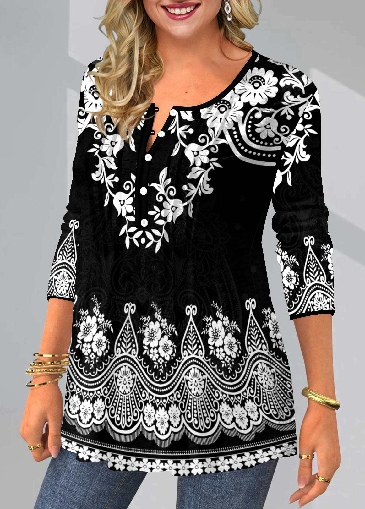 Black Tribal Print Split Neck T Shirt