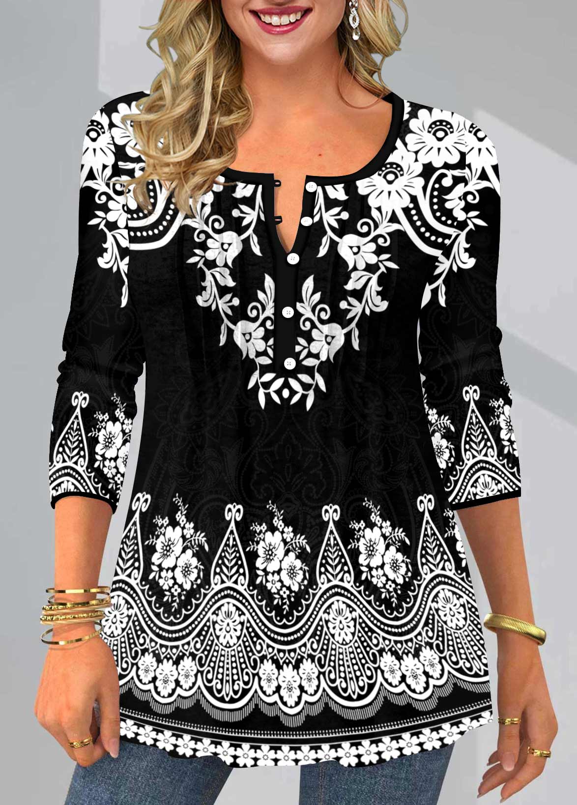 Black Tribal Print Split Neck T Shirt