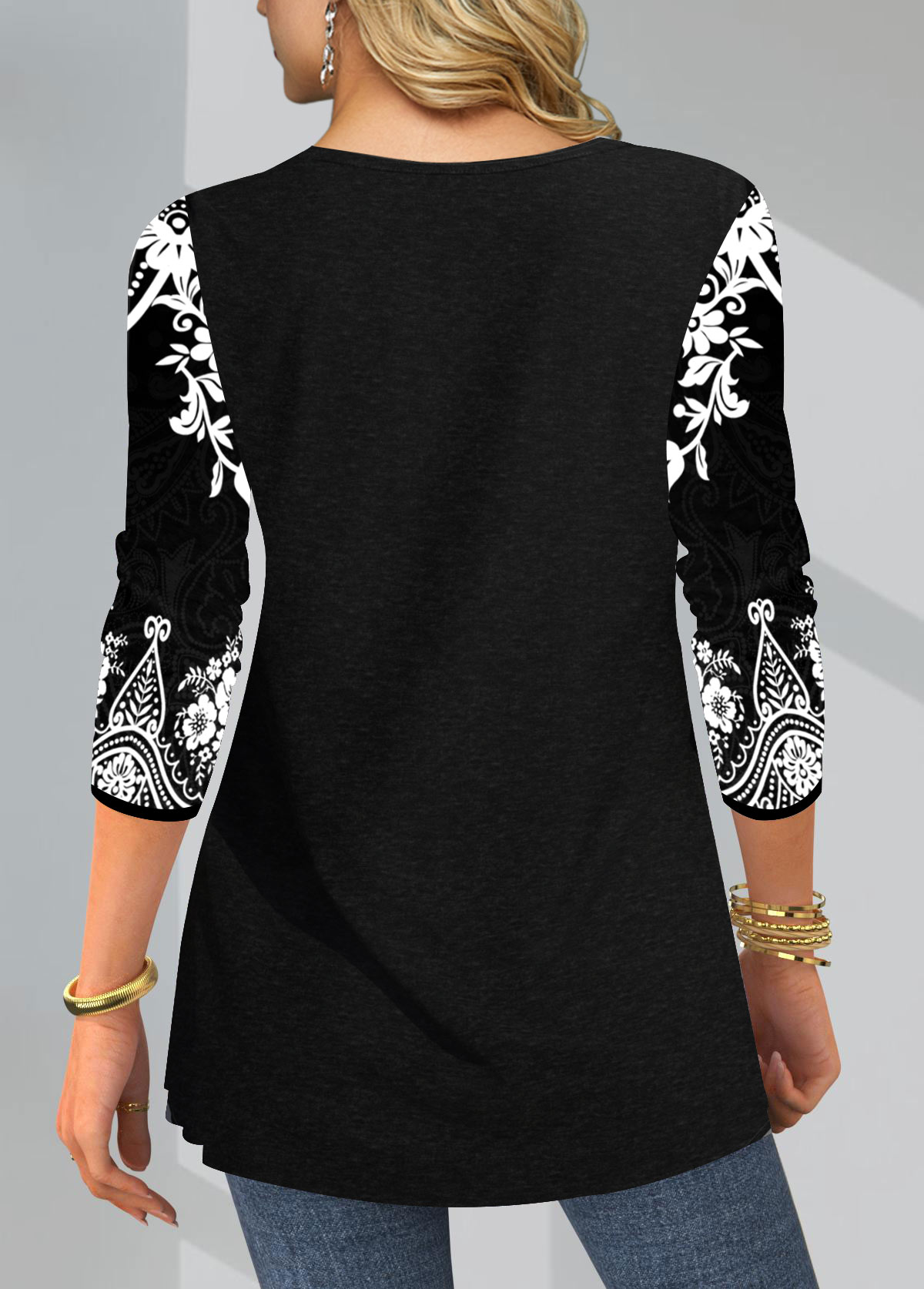 Black Tribal Print Split Neck T Shirt