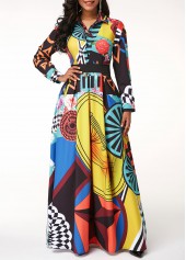 Printed Button Up Long Sleeve Turndown Collar Dress