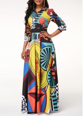 Printed Button Up Long Sleeve Turndown Collar Dress